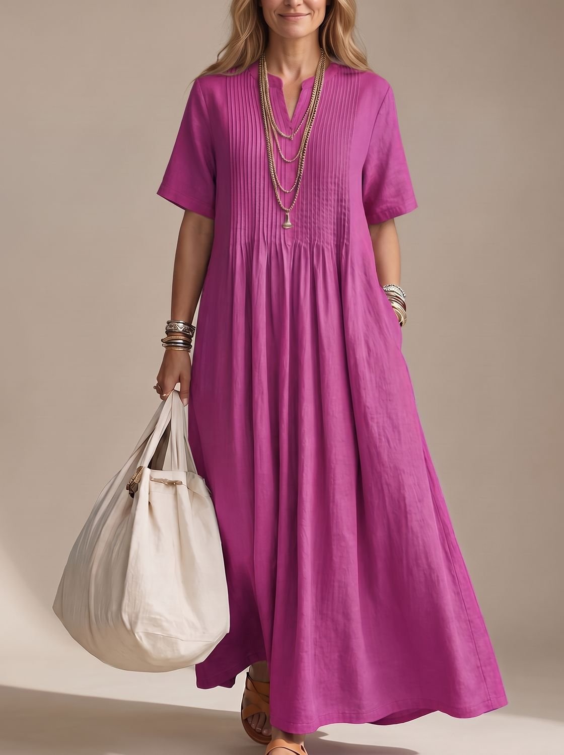 Amelia | Women's V-Neck Pintuck Pleated Flowy Maxi Dress