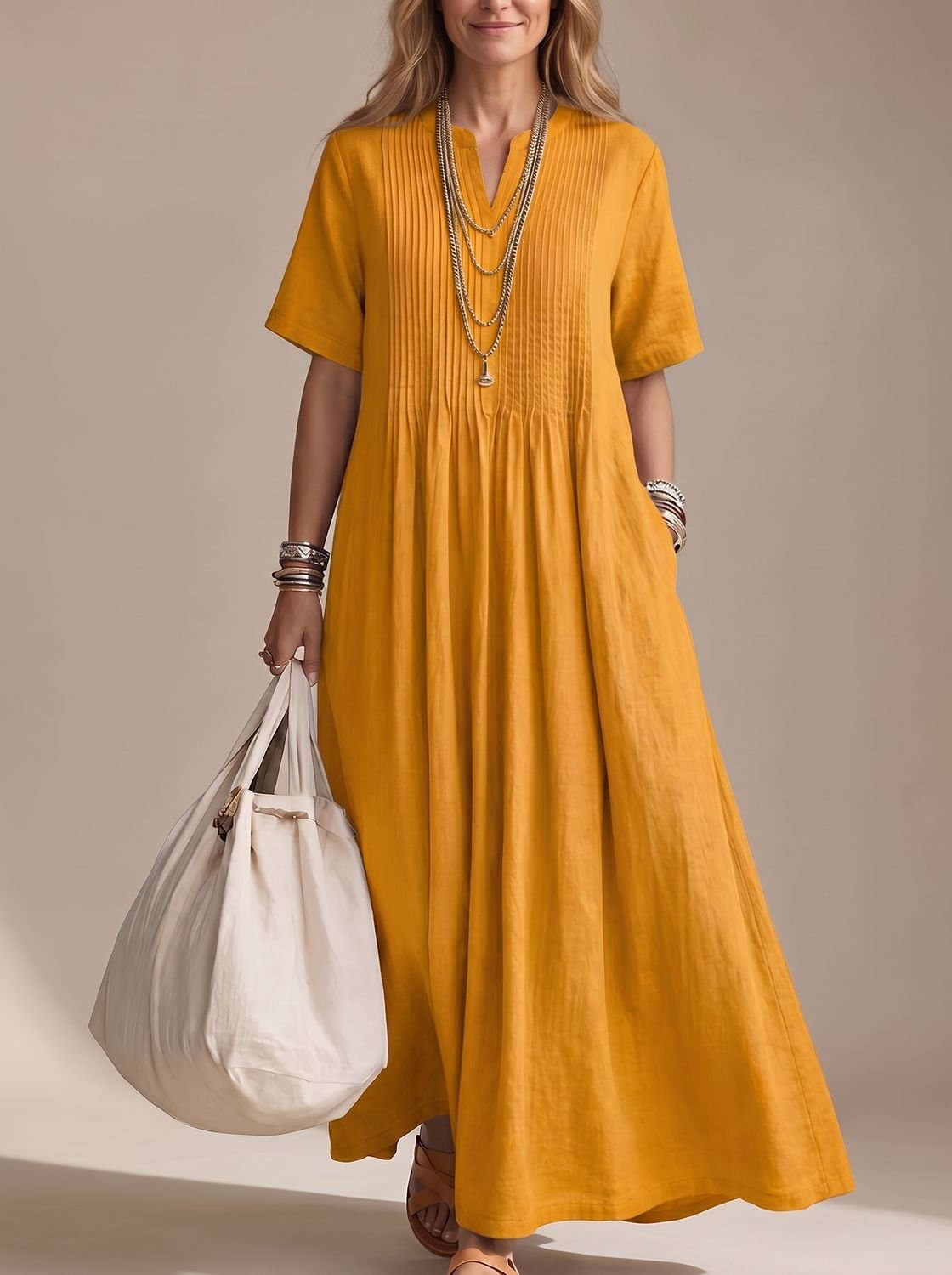 Amelia | Women's V-Neck Pintuck Pleated Flowy Maxi Dress