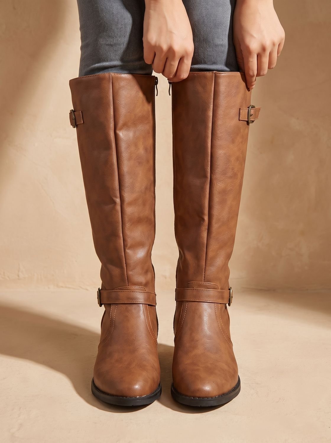 Aria | Women's Knee-High Riding Boots Low Block Heel Buckle Zip