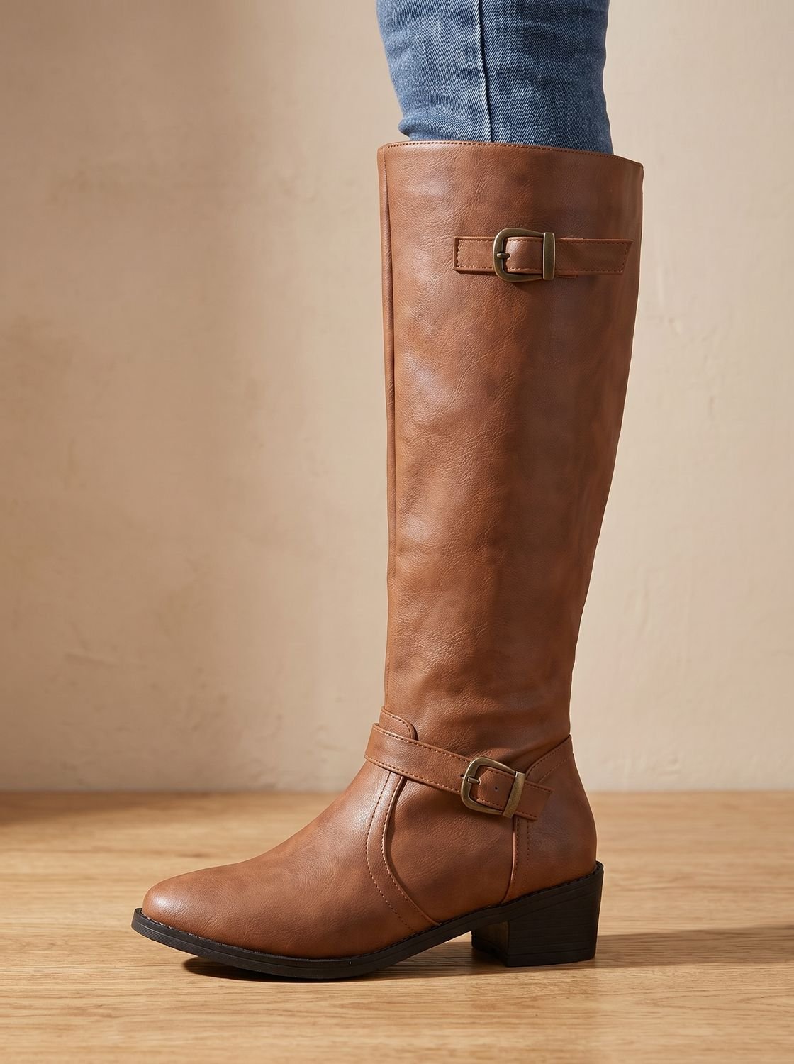 Aria | Women's Knee-High Riding Boots Low Block Heel Buckle Zip