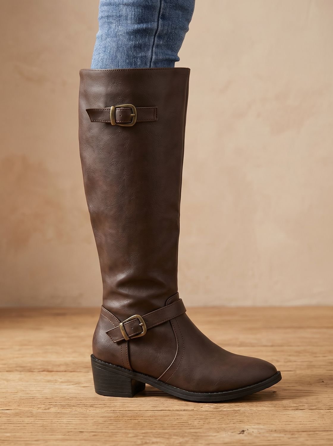 Aria | Women's Knee-High Riding Boots Low Block Heel Buckle Zip