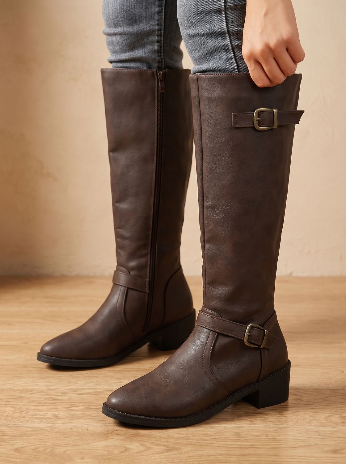 Aria | Women's Knee-High Riding Boots Low Block Heel Buckle Zip