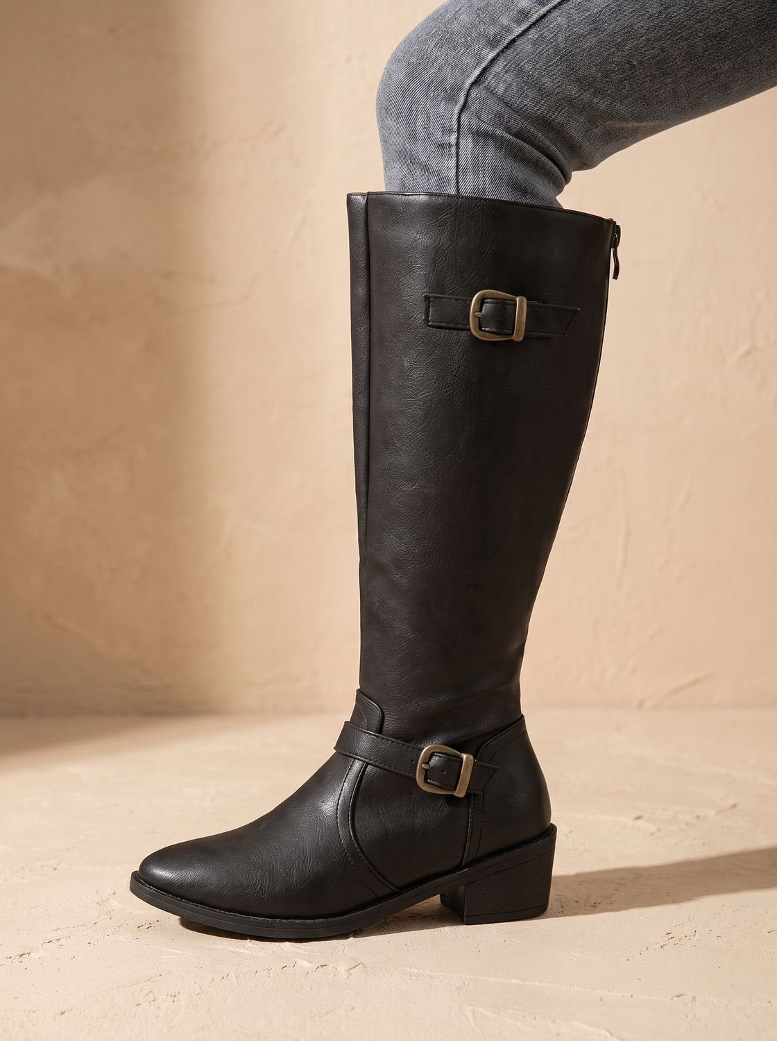 Aria | Women's Knee-High Riding Boots Low Block Heel Buckle Zip