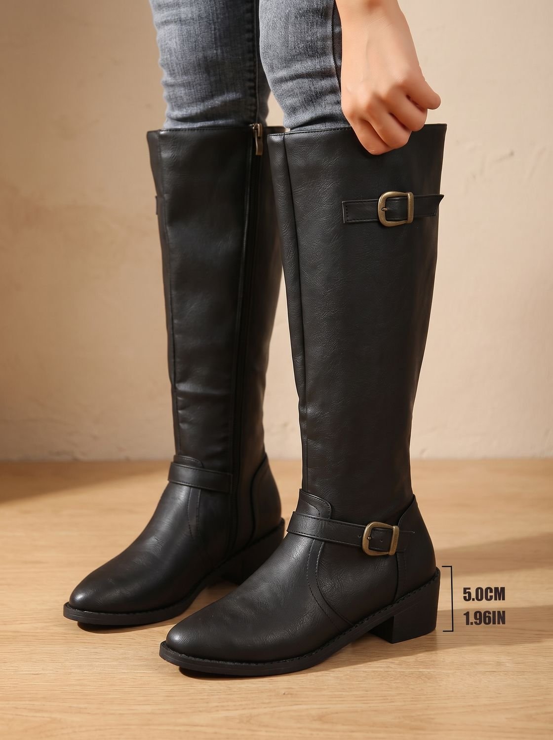 Aria | Women's Knee-High Riding Boots Low Block Heel Buckle Zip