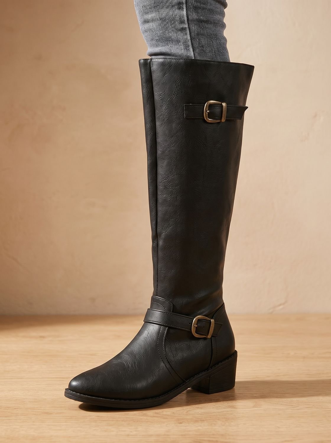 Aria | Women's Knee-High Riding Boots Low Block Heel Buckle Zip