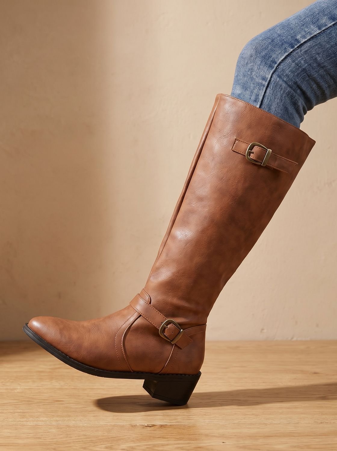 Aria | Women's Knee-High Riding Boots Low Block Heel Buckle Zip