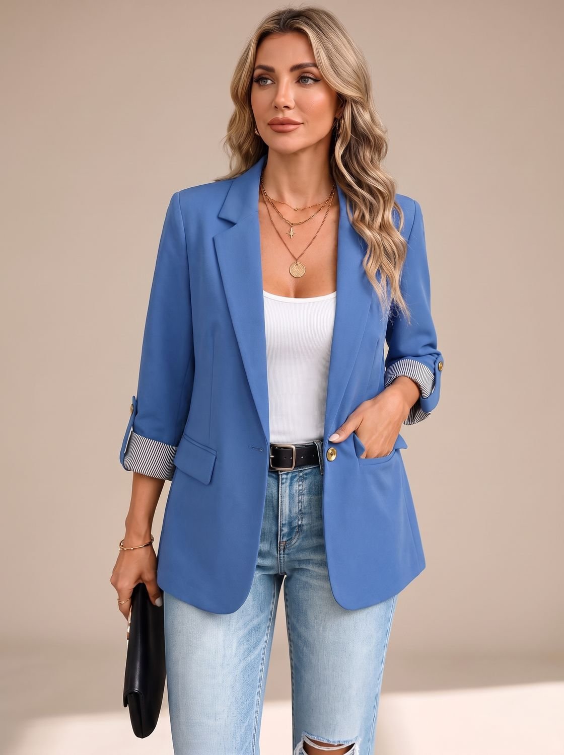 Aria | Women's Striped-Cuff Rollable Sleeve Soft-Tailored Blazer