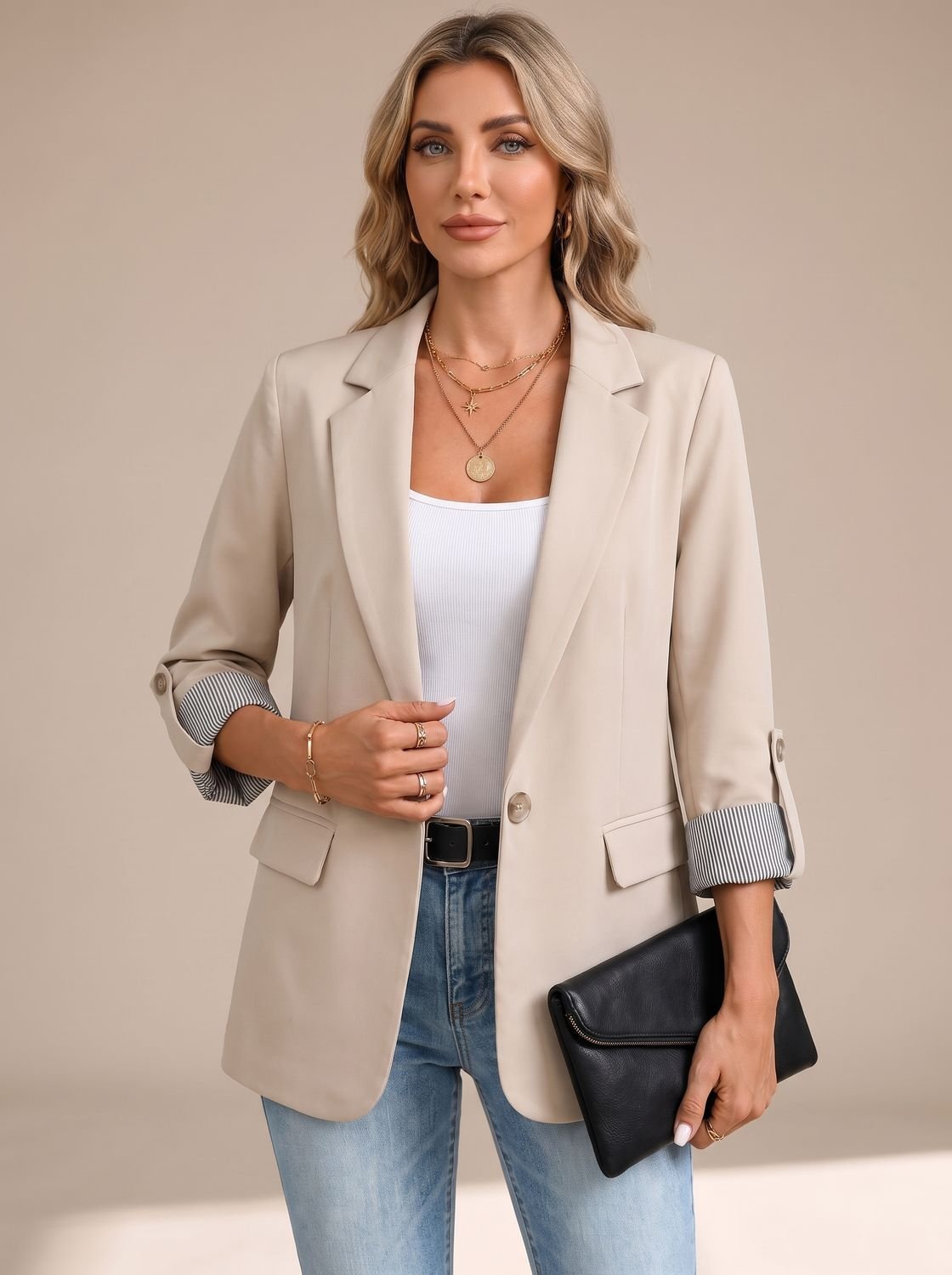 Aria | Women's Striped-Cuff Rollable Sleeve Soft-Tailored Blazer