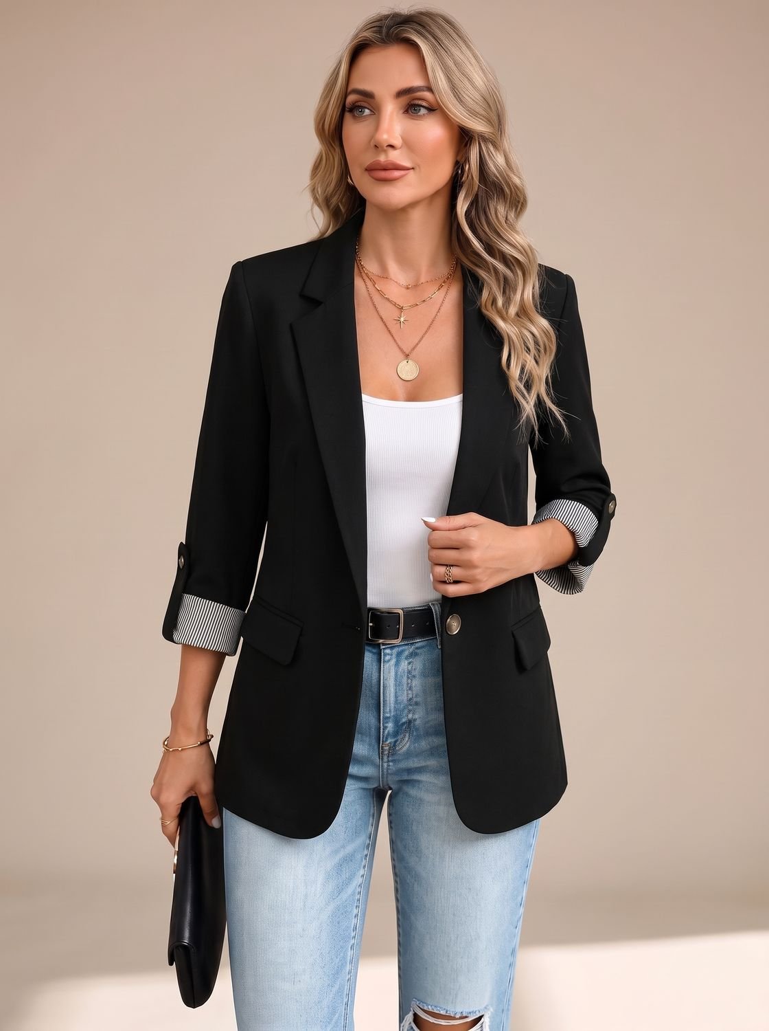 Aria | Women's Striped-Cuff Rollable Sleeve Soft-Tailored Blazer