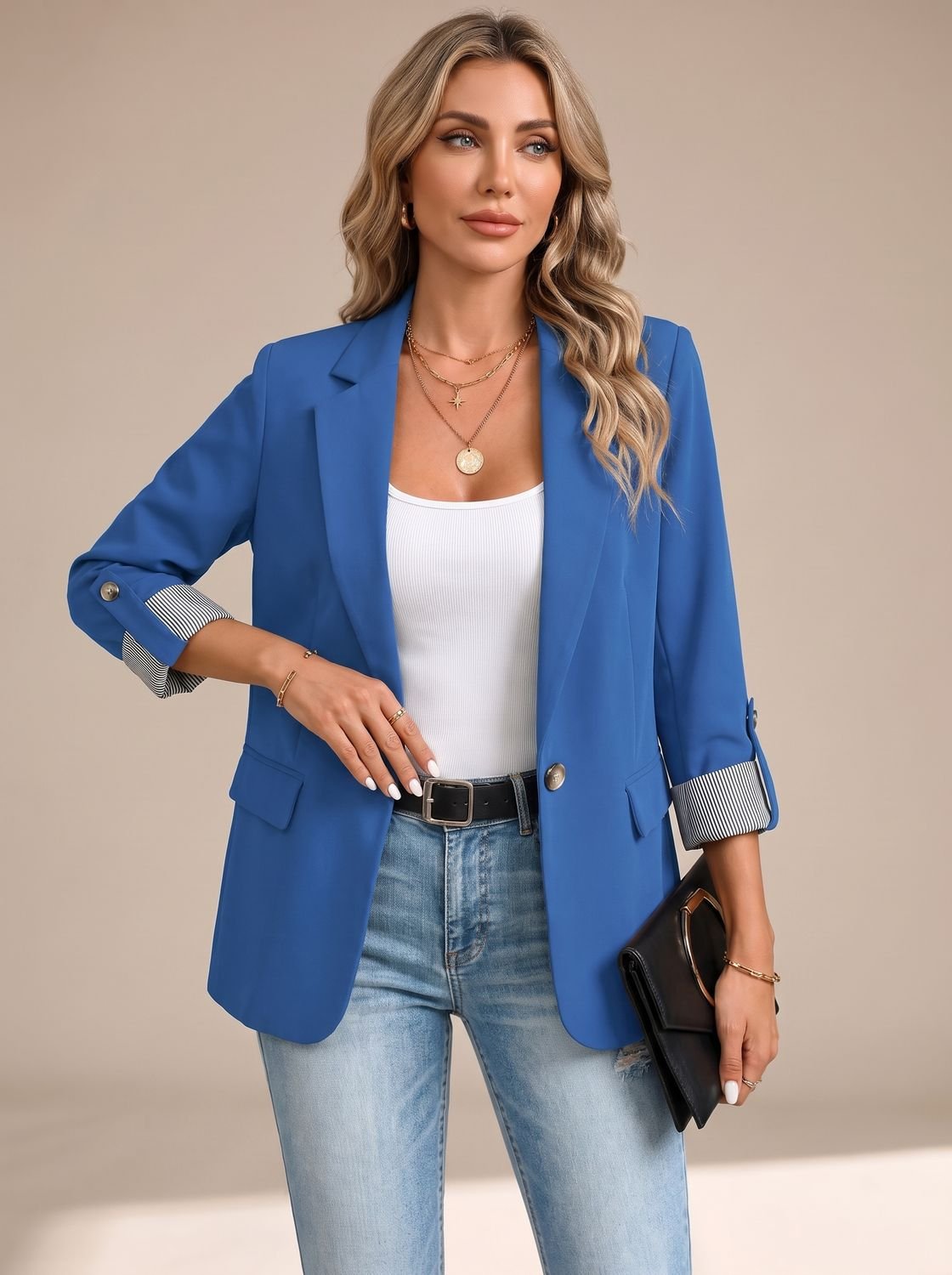 Aria | Women's Striped-Cuff Rollable Sleeve Soft-Tailored Blazer