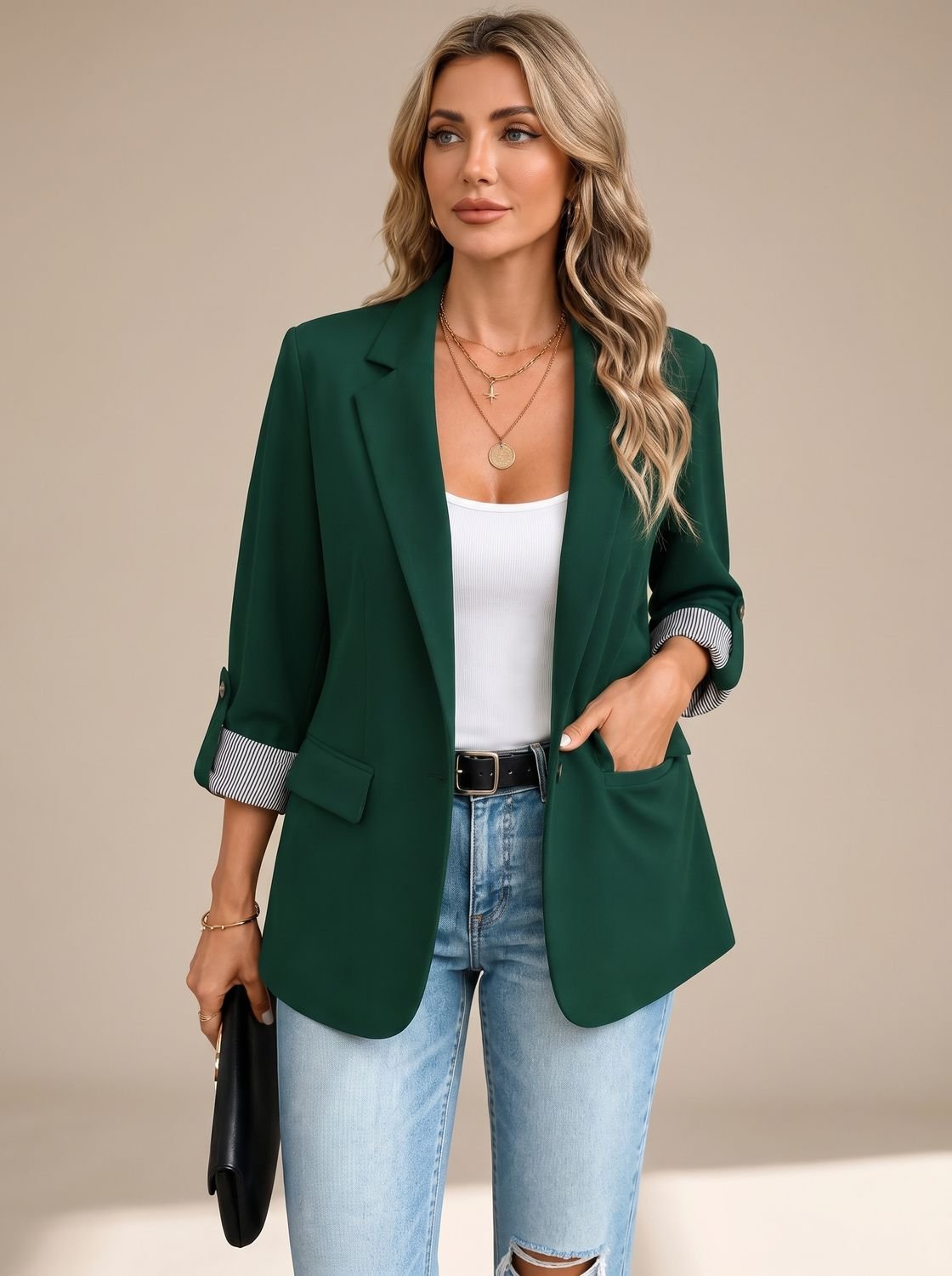 Aria | Women's Striped-Cuff Rollable Sleeve Soft-Tailored Blazer