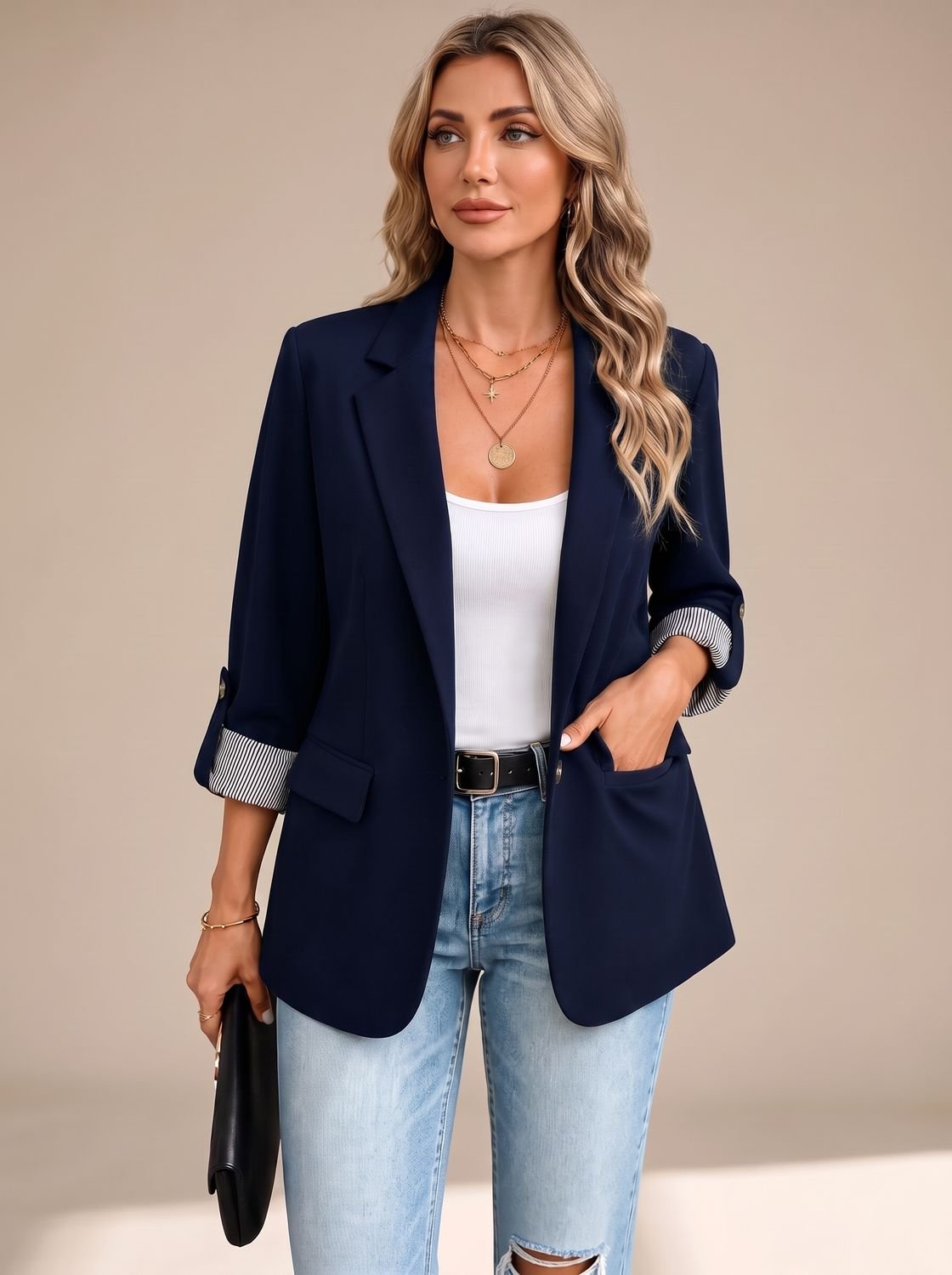 Aria | Women's Striped-Cuff Rollable Sleeve Soft-Tailored Blazer