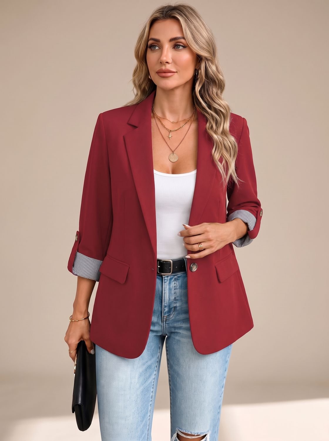Aria | Women's Striped-Cuff Rollable Sleeve Soft-Tailored Blazer