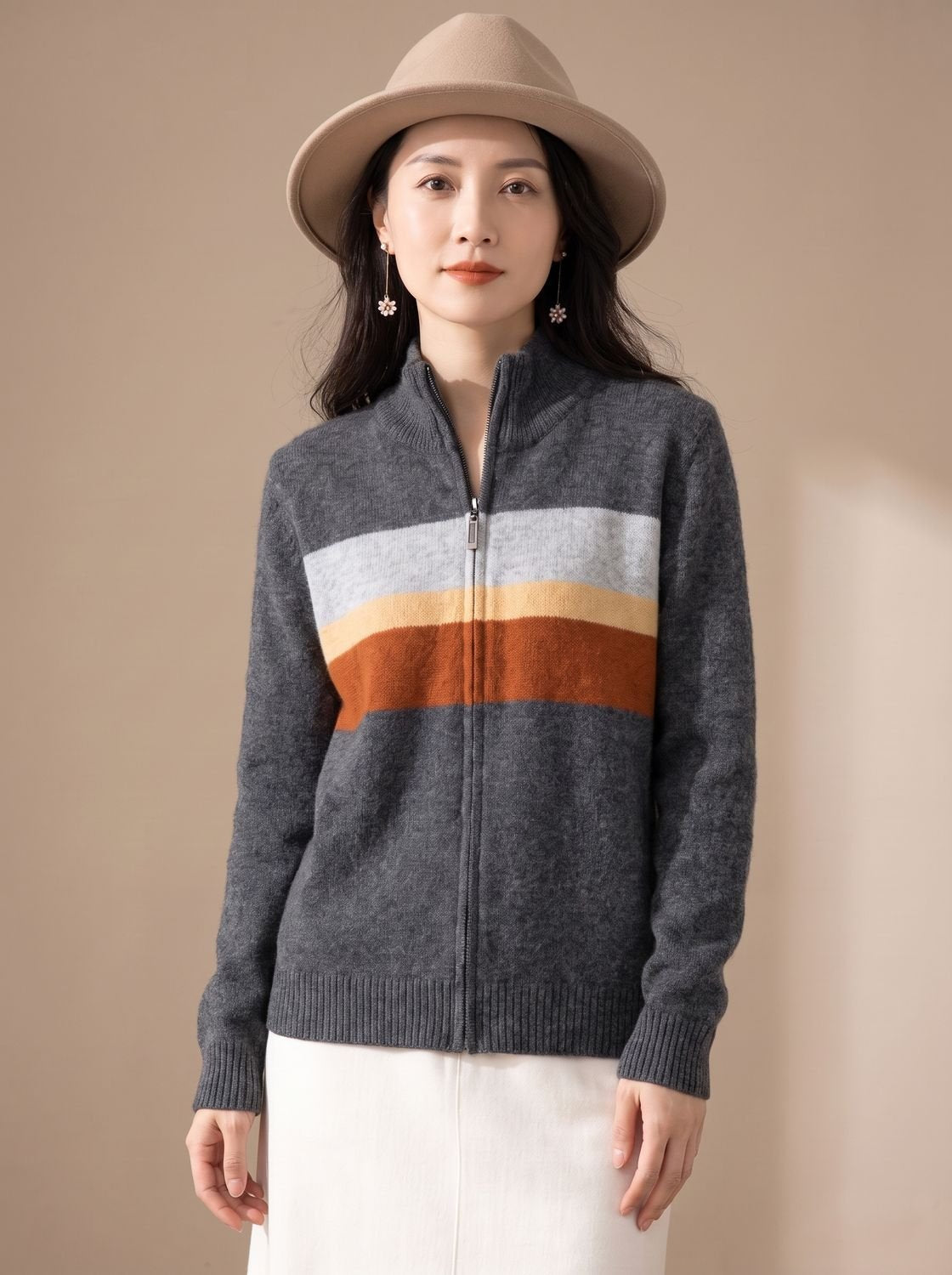 Aria | Women's Striped Full-Zip Knit Cardigan Sweater