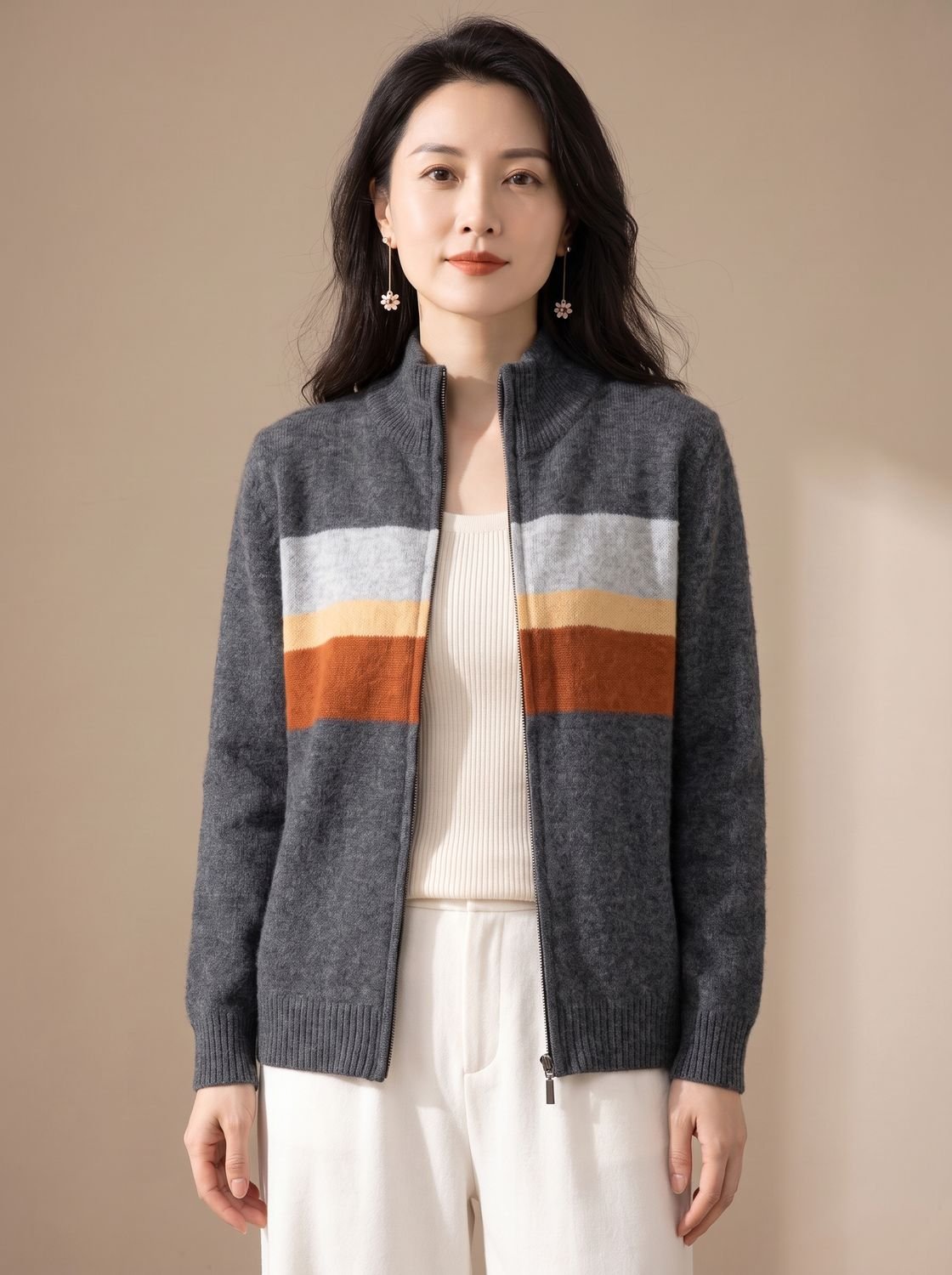 Aria | Women's Striped Full-Zip Knit Cardigan Sweater