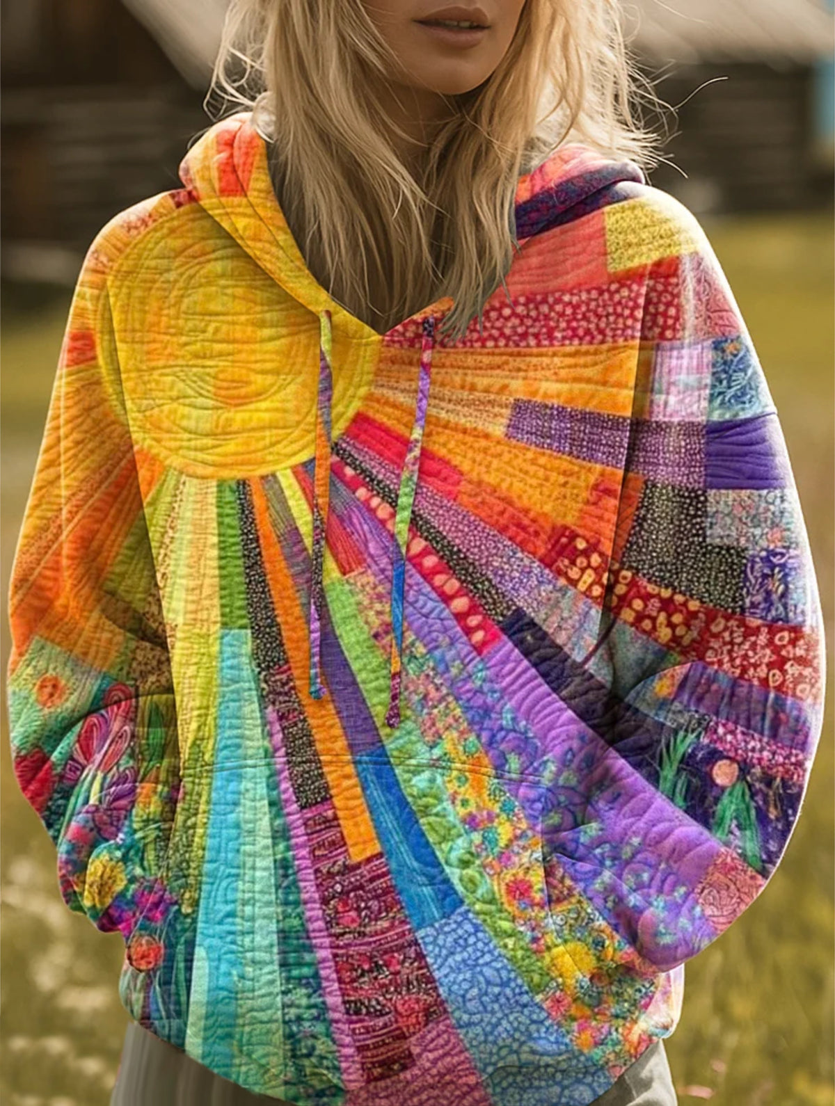 ARLETTE – Vibrant Sunburst Patchwork Hoodie