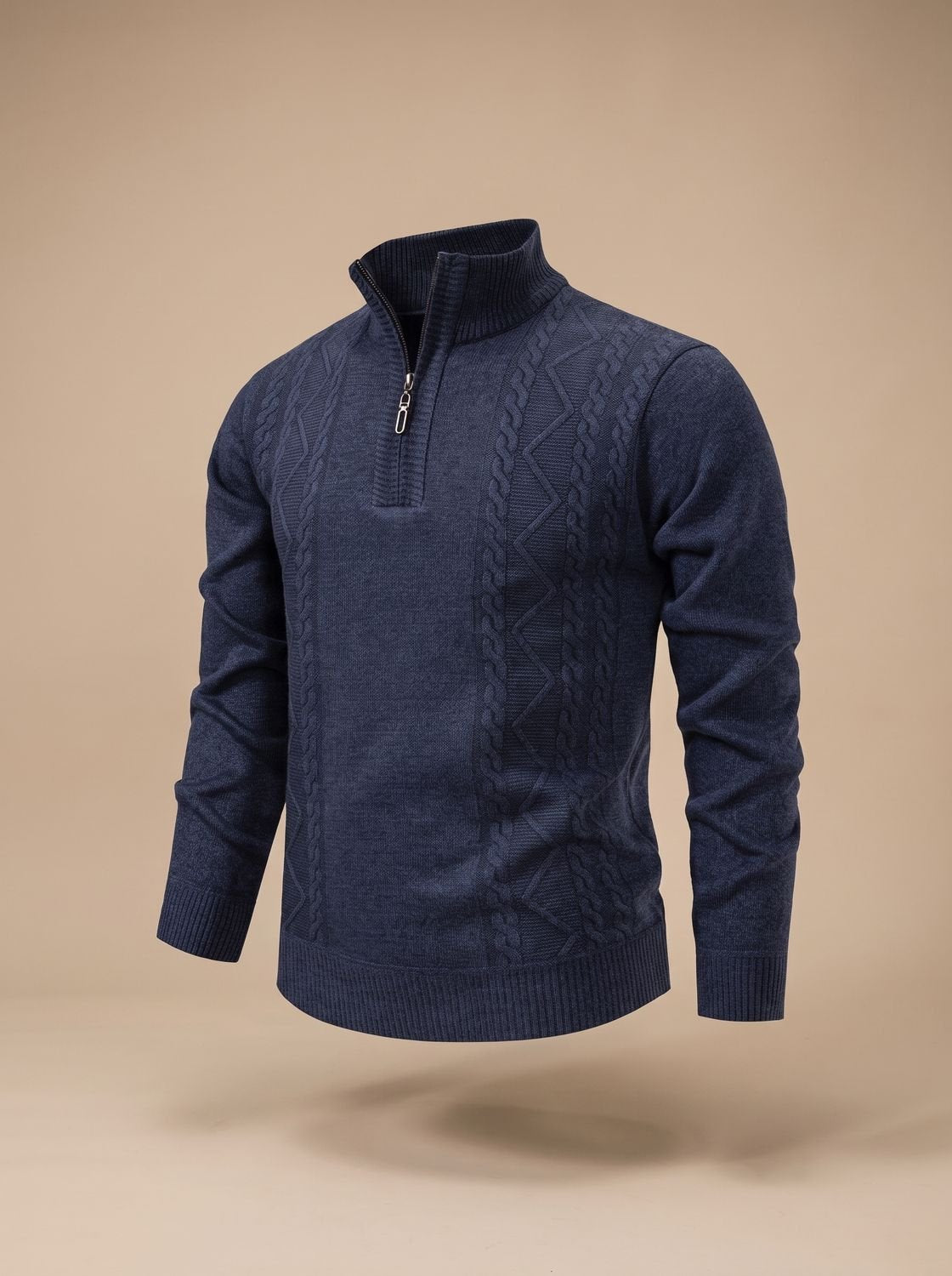 Benjamin | Men's Cable-Knit Quarter-Zip Stand-Collar Pullover Sweater