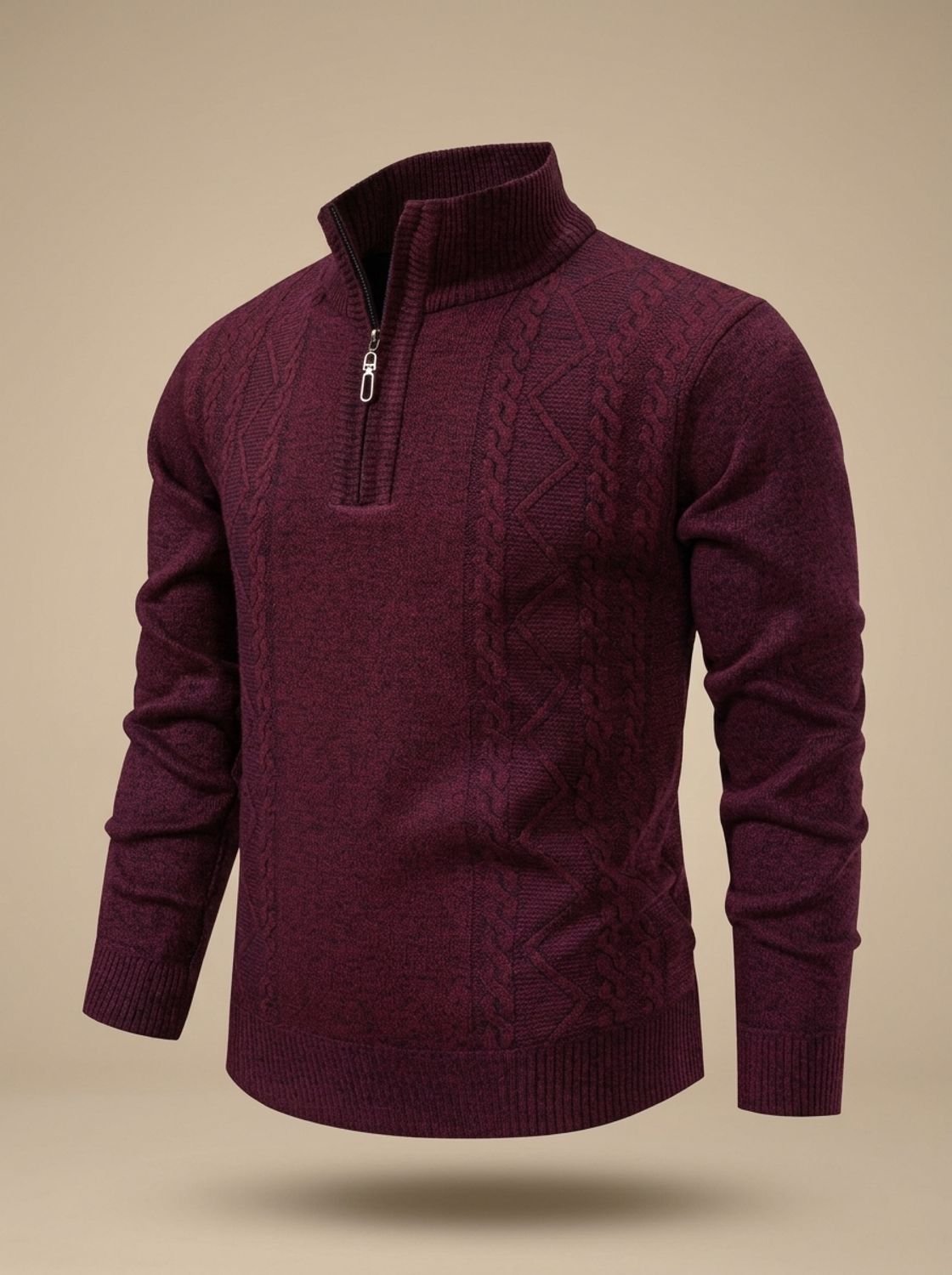 Benjamin | Men's Cable-Knit Quarter-Zip Stand-Collar Pullover Sweater