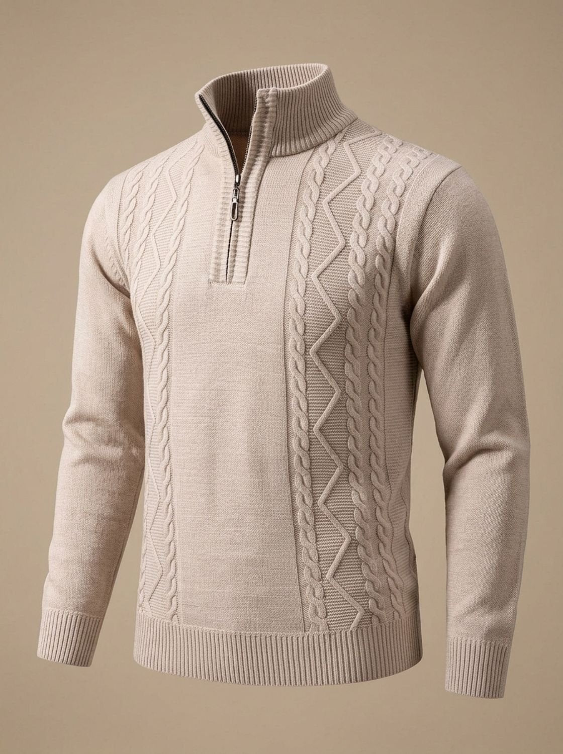 Benjamin | Men's Cable-Knit Quarter-Zip Stand-Collar Pullover Sweater