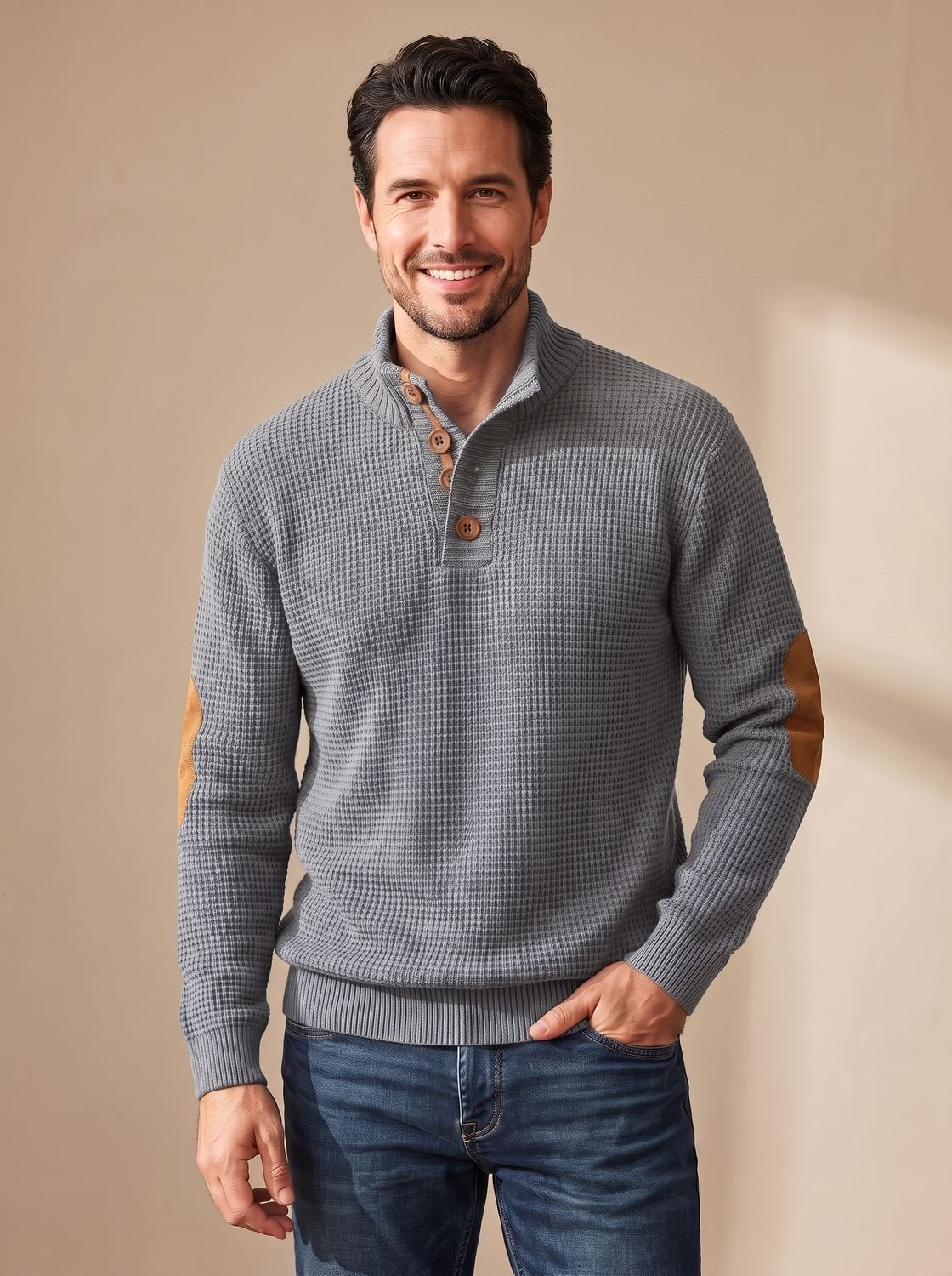 Benjamin | Men's Waffle-Knit Button-Collar Long Sleeve Pullover Sweater