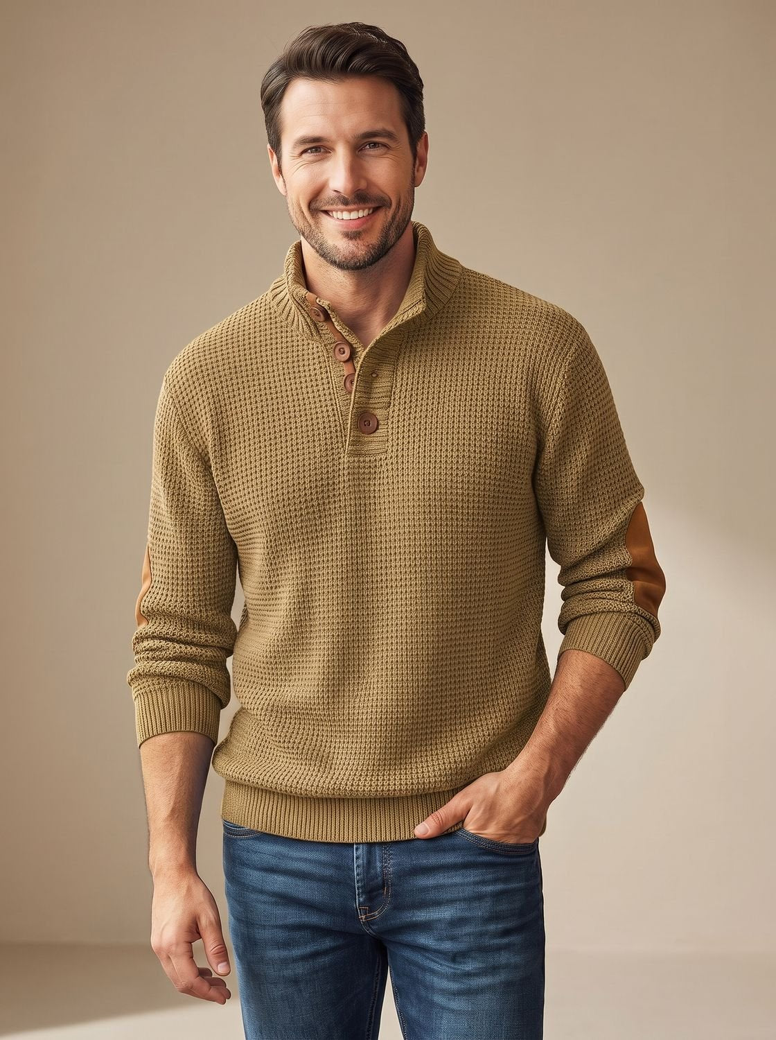 Benjamin | Men's Waffle-Knit Button-Collar Long Sleeve Pullover Sweater