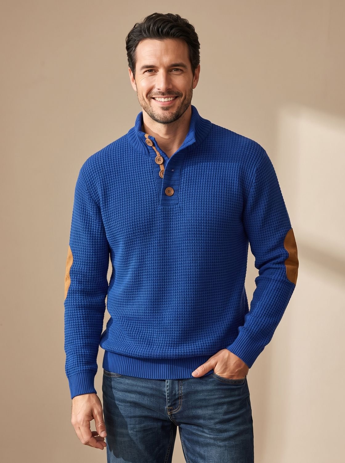 Benjamin | Men's Waffle-Knit Button-Collar Long Sleeve Pullover Sweater