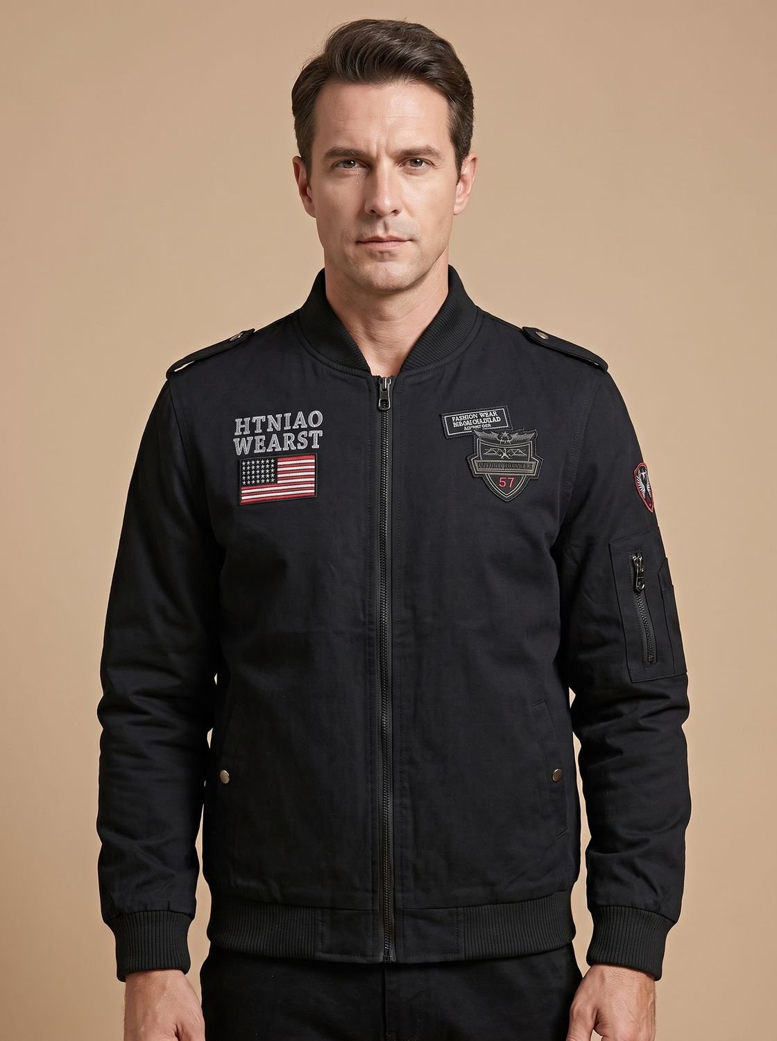 Caleb | Men's Military-Patch Zip-Up Bomber Jacket