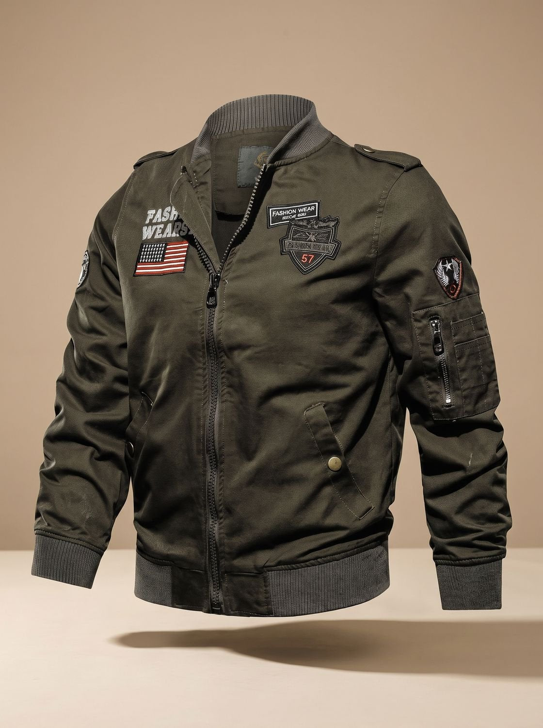 Caleb | Men's Military-Patch Zip-Up Bomber Jacket