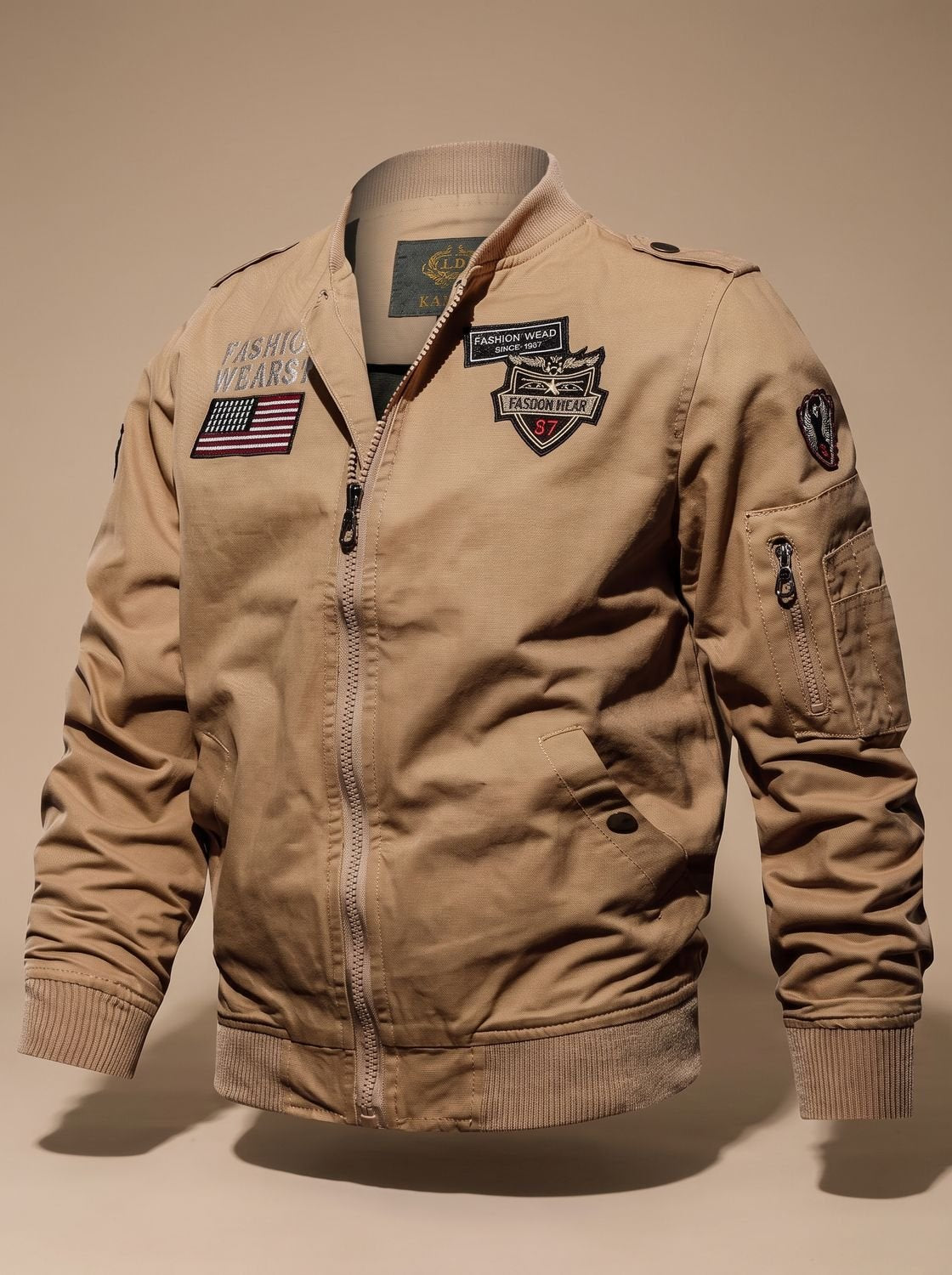 Caleb | Men's Military-Patch Zip-Up Bomber Jacket