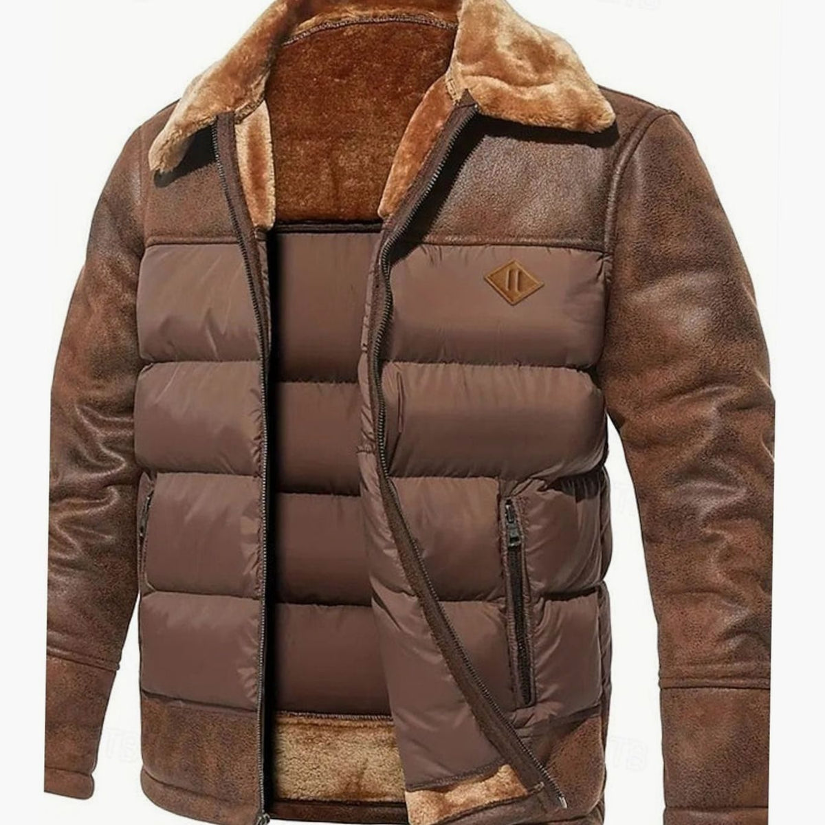 Caleb | Men's Quilted Jacket Faux Leather Sherpa-Collar Insulated Winter Coat