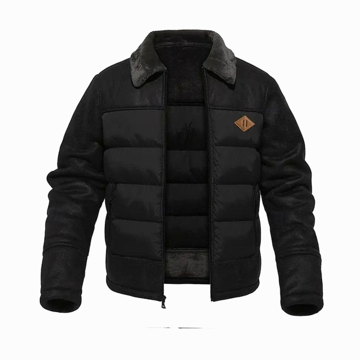 Caleb | Men's Quilted Jacket Faux Leather Sherpa-Collar Insulated Winter Coat