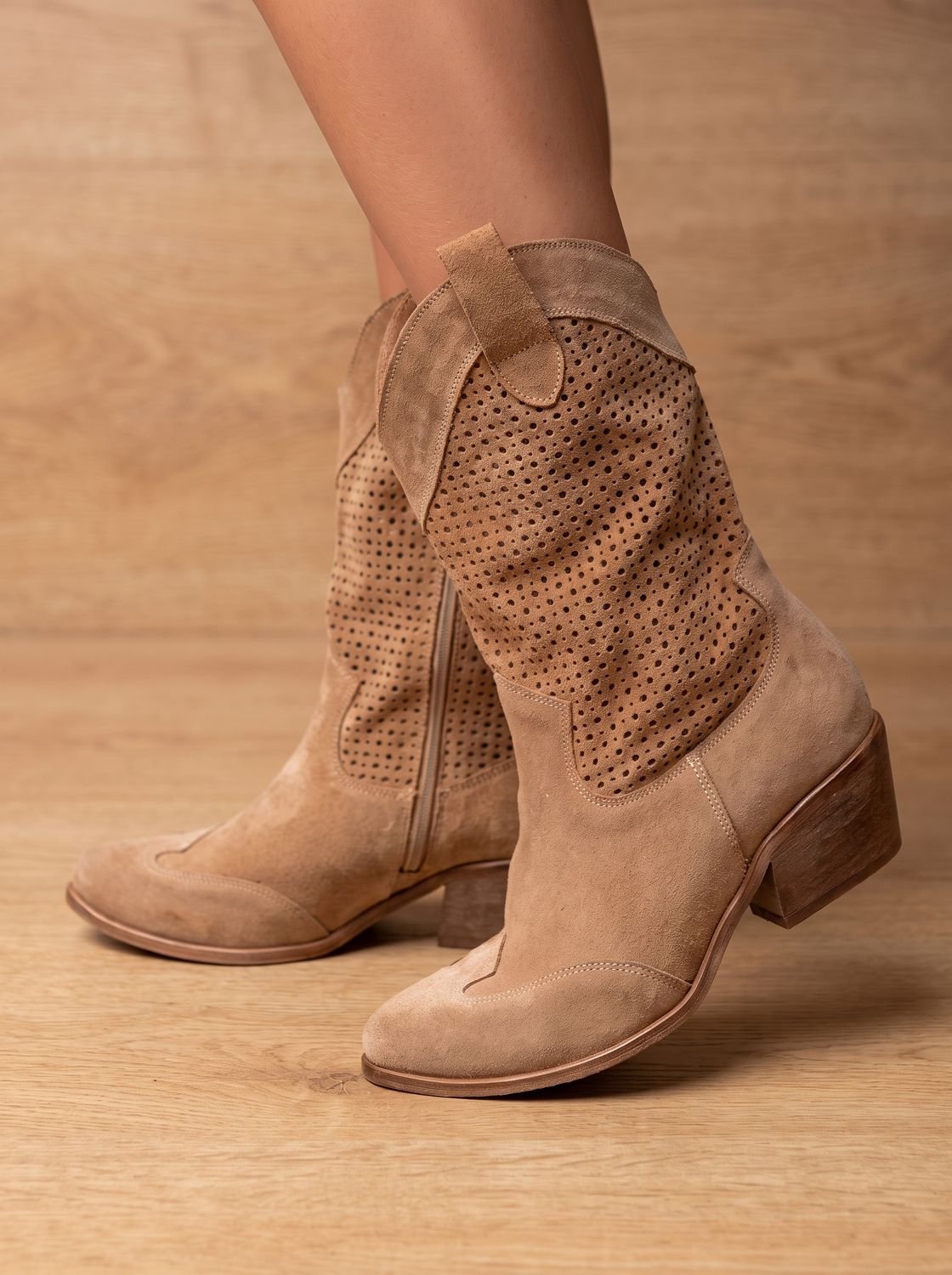Camila | Women's Orthopedic Western Mid-Calf Perforated Suede Block-Heel Boots