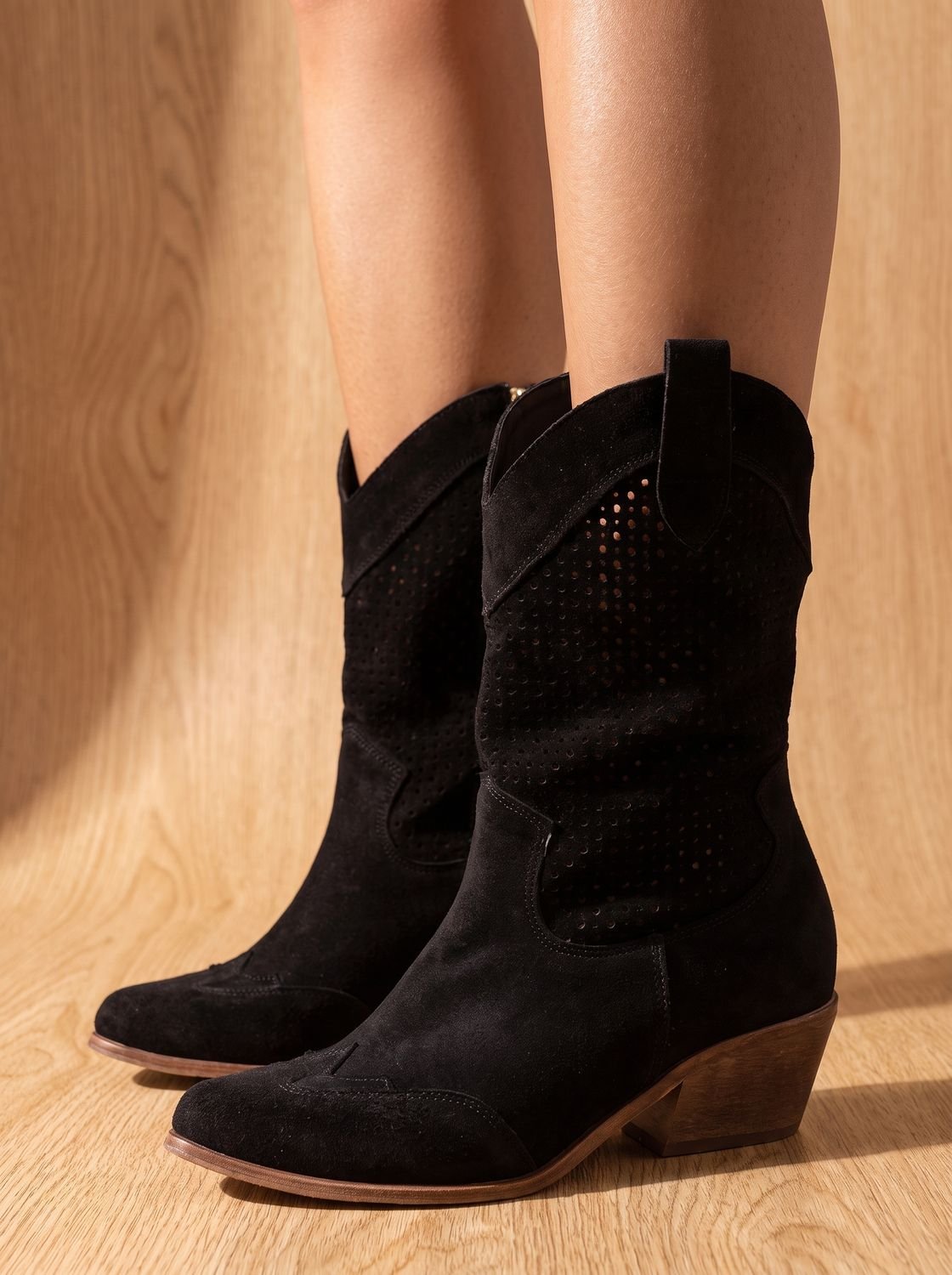 Camila | Women's Orthopedic Western Mid-Calf Perforated Suede Block-Heel Boots