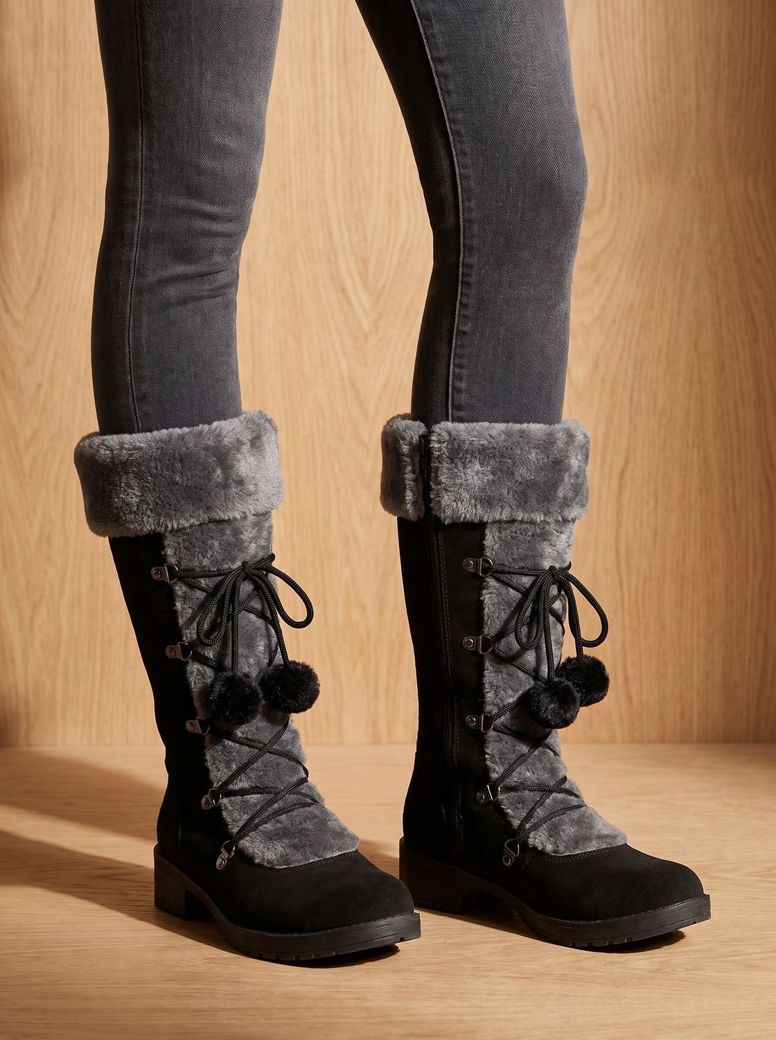 Charlotte | Women's Fur-Trimmed Lace-Up Mid-Calf Snow Boots, Black