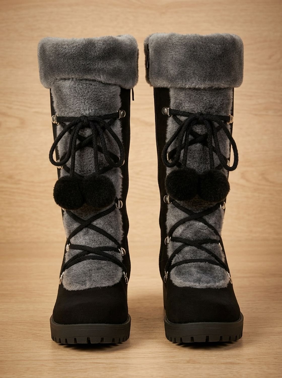 Charlotte | Women's Fur-Trimmed Lace-Up Mid-Calf Snow Boots, Black