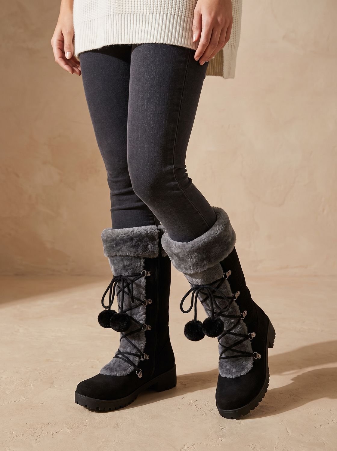 Charlotte | Women's Fur-Trimmed Lace-Up Mid-Calf Snow Boots, Black