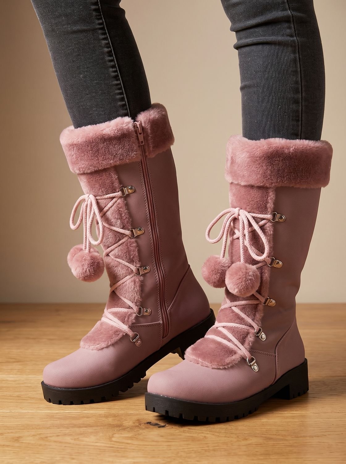 Charlotte | Women's Fur-Trimmed Lace-Up Mid-Calf Snow Boots, Black