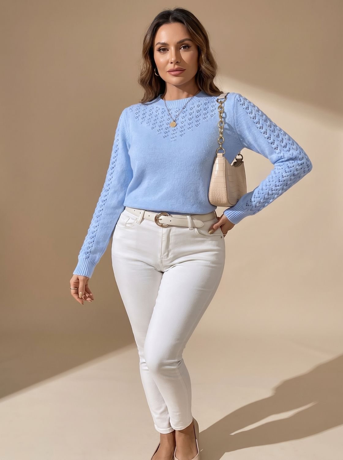 Charlotte | Women's Pointelle-Knit Cropped Long-Sleeve Crew Neck Sweater