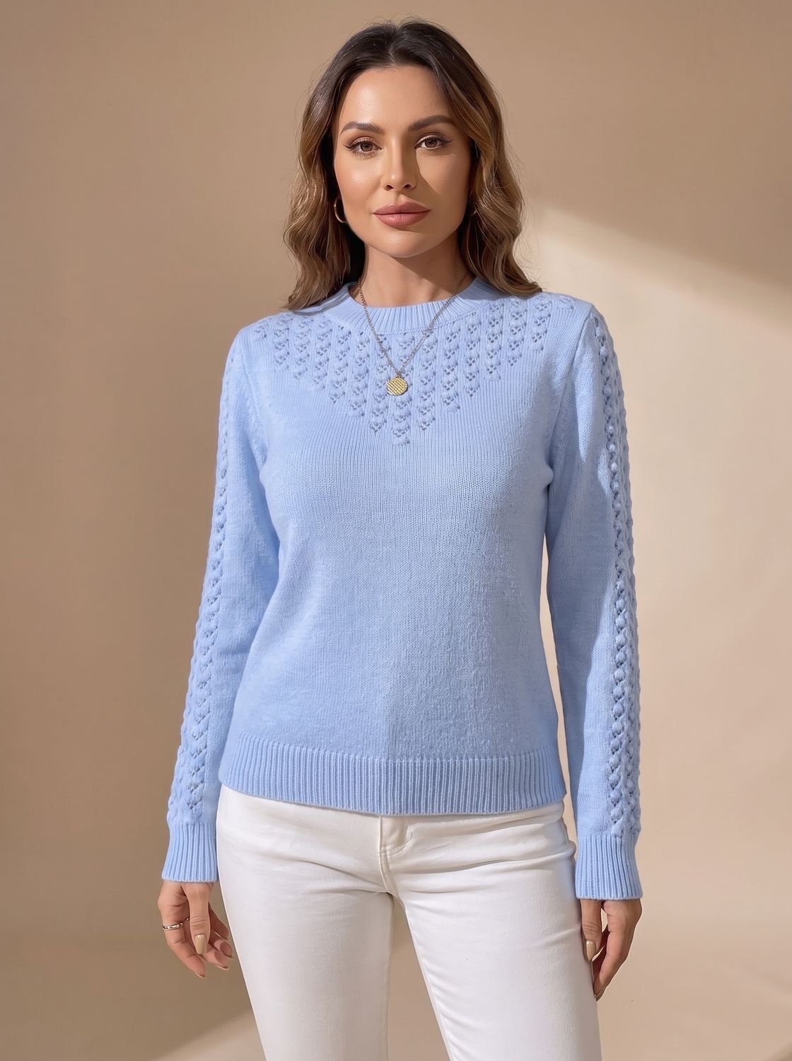 Charlotte | Women's Pointelle-Knit Cropped Long-Sleeve Crew Neck Sweater