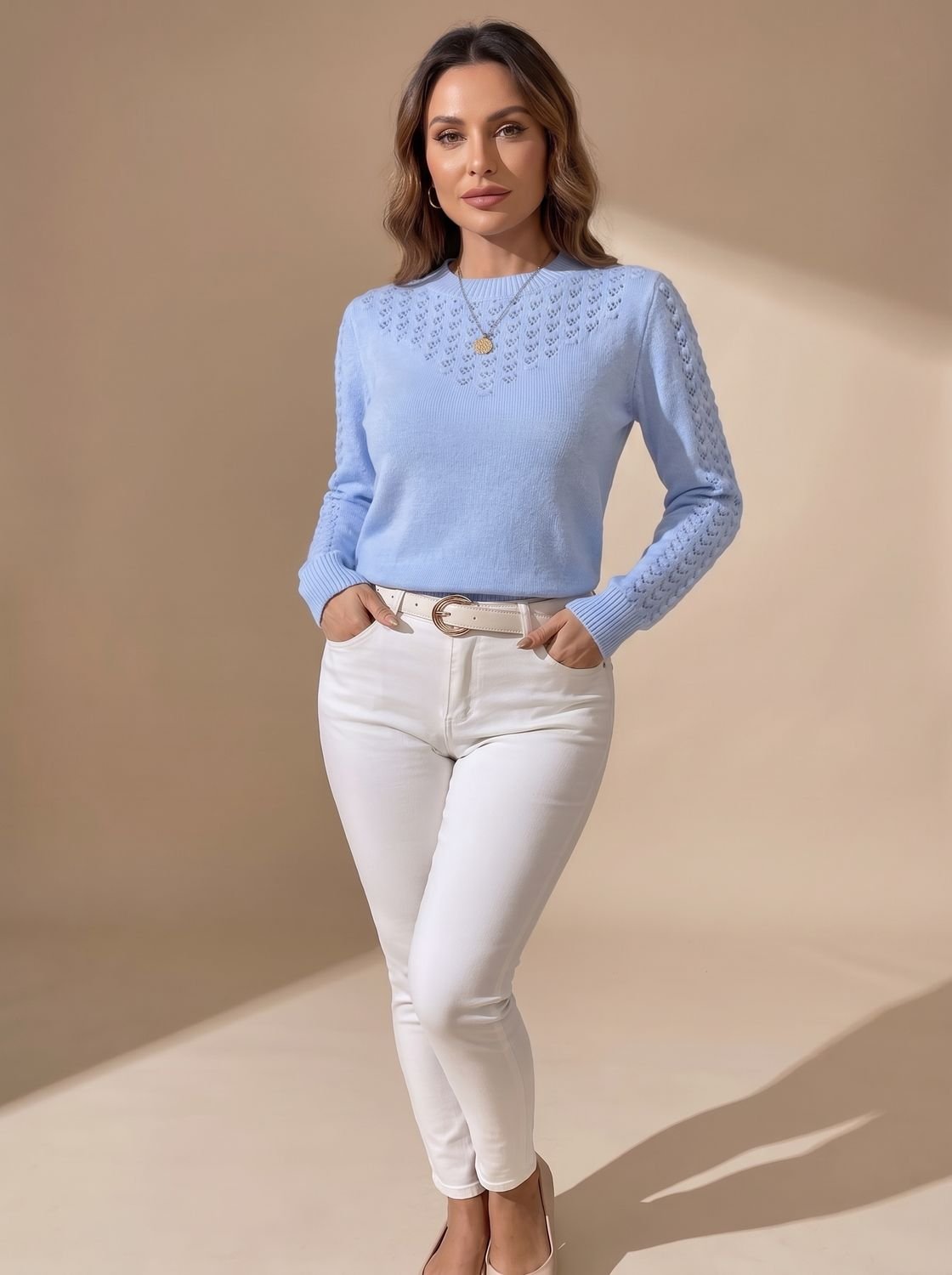 Charlotte | Women's Pointelle-Knit Cropped Long-Sleeve Crew Neck Sweater
