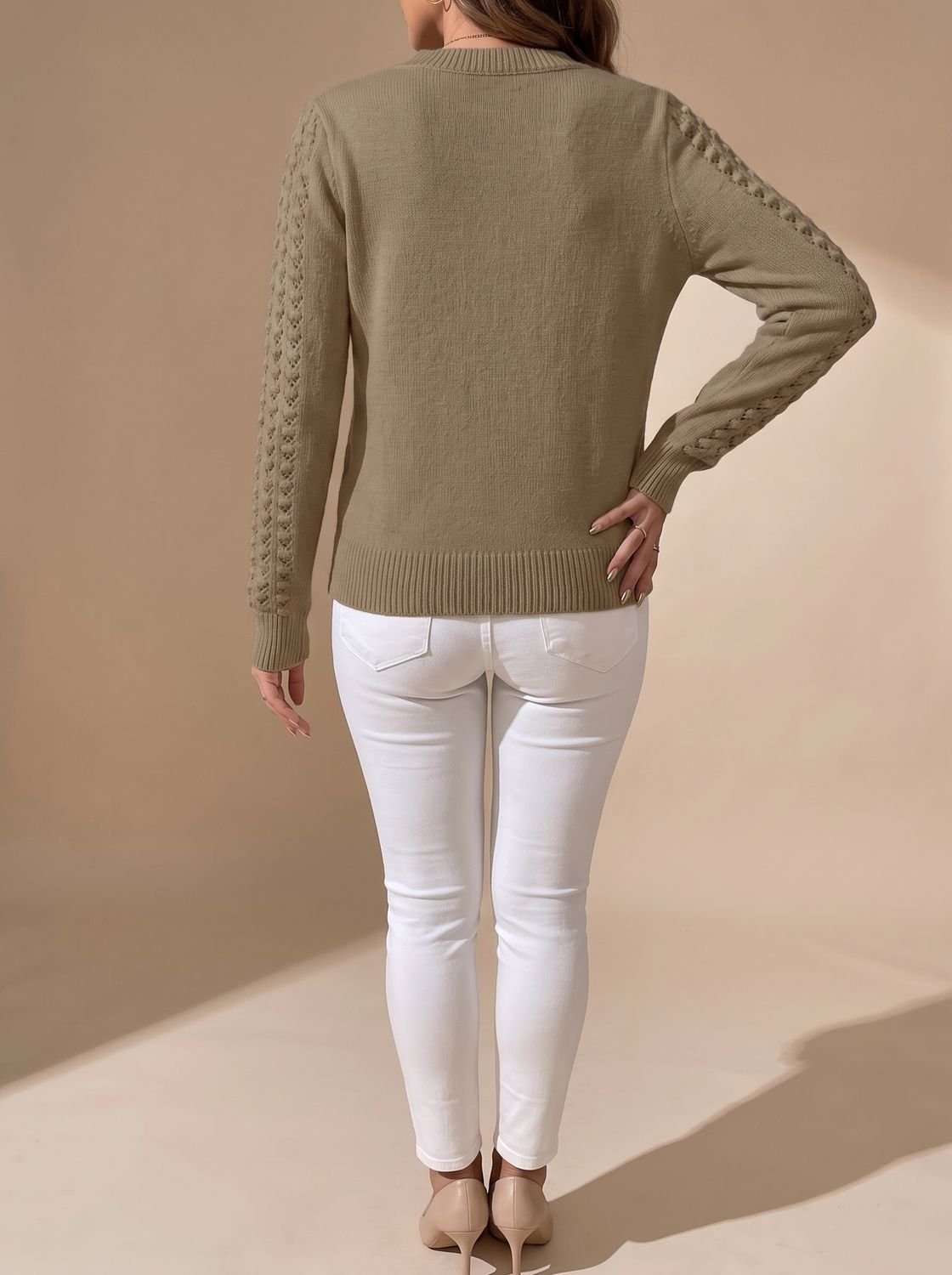 Charlotte | Women's Pointelle-Knit Cropped Long-Sleeve Crew Neck Sweater