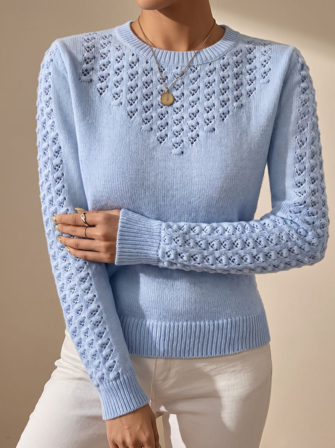 Charlotte | Women's Pointelle-Knit Cropped Long-Sleeve Crew Neck Sweater