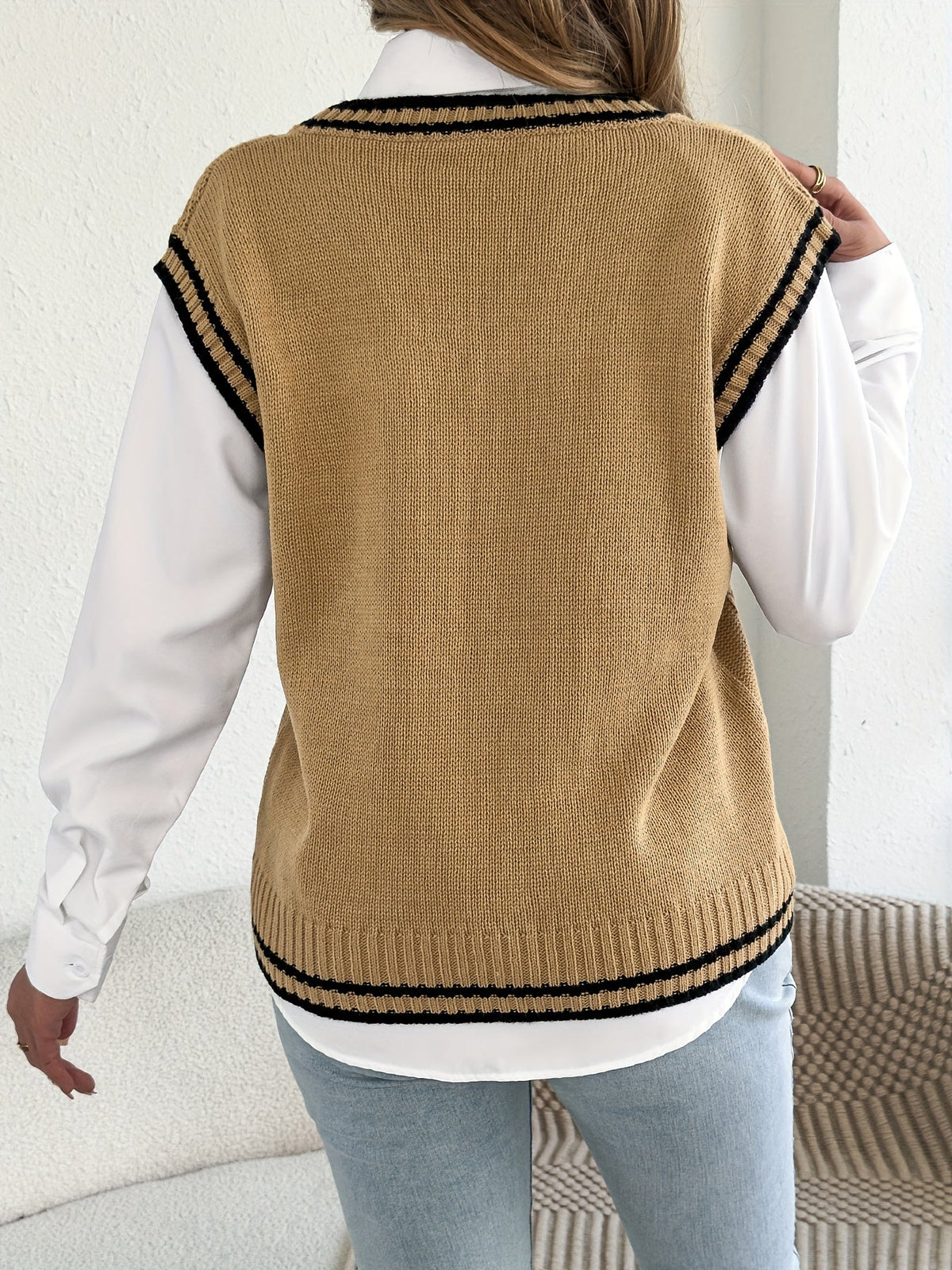 Chic Cable Knit Sweater Vest for Women with V Neck Sleeveless Varsity Stripe College Style