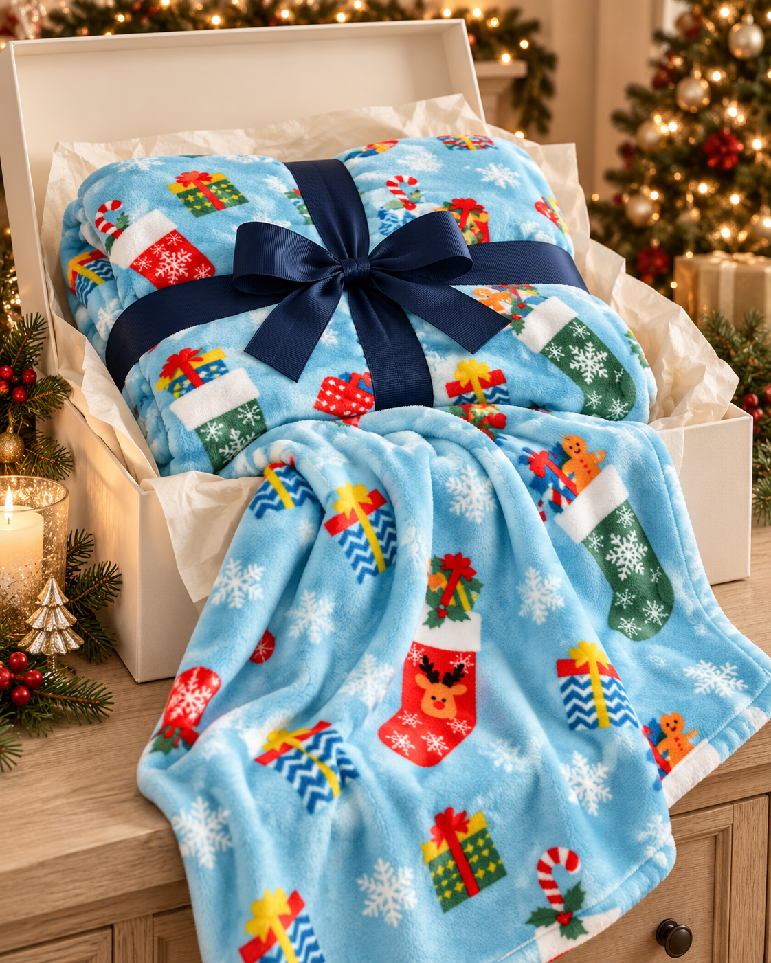 Christmas Fleece Blanket Gift for Adults with Festive Prints