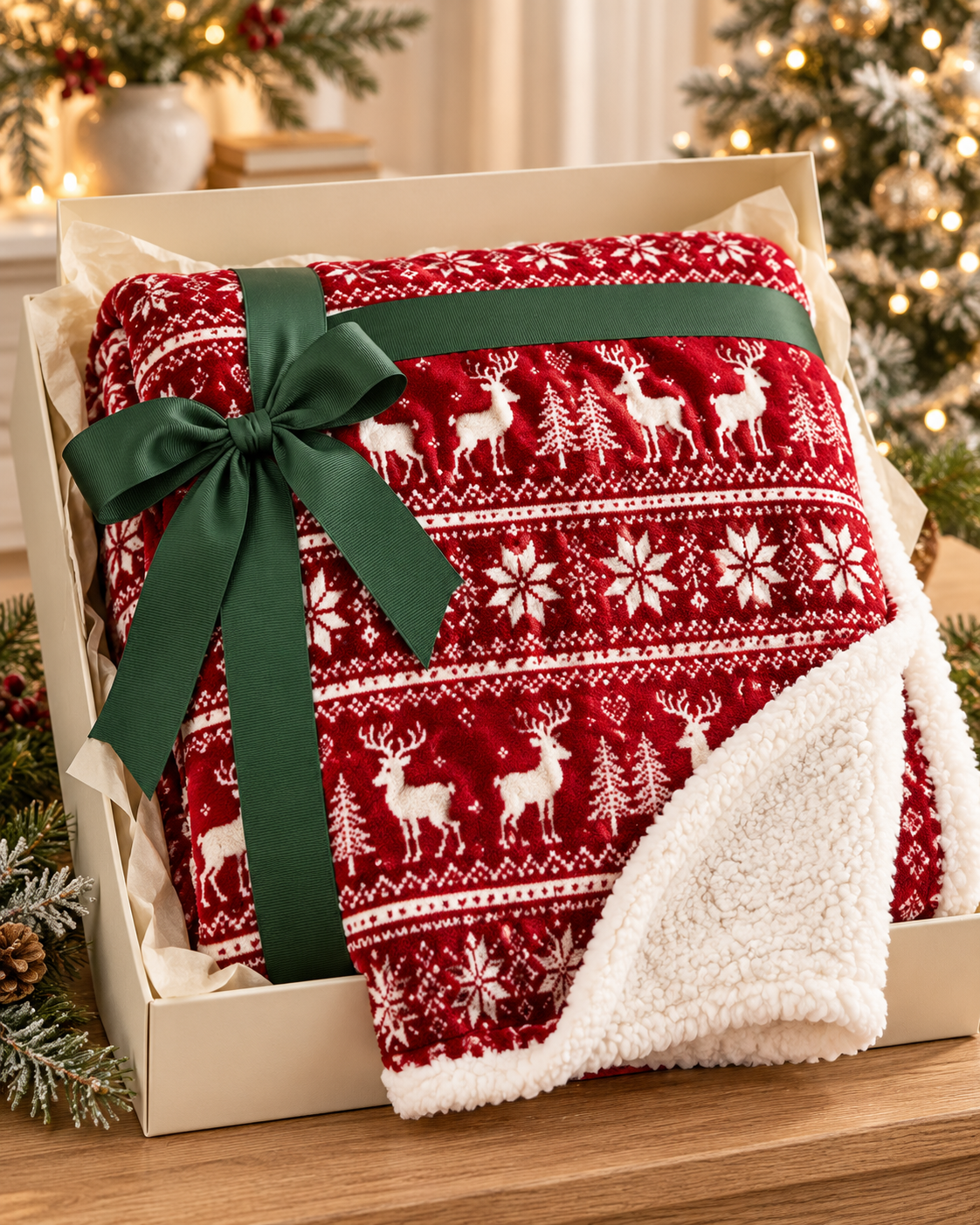 Christmas Fleece Blanket with Red and Green Knitted Stripe