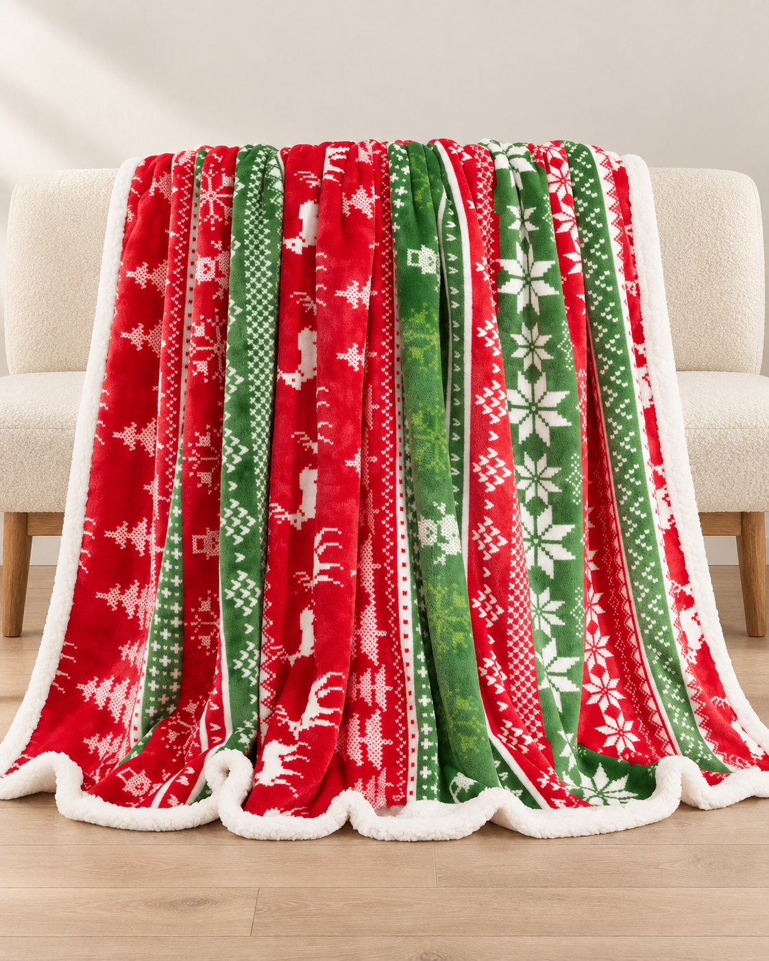Christmas Fleece Blanket with Red and Green Knitted Stripe