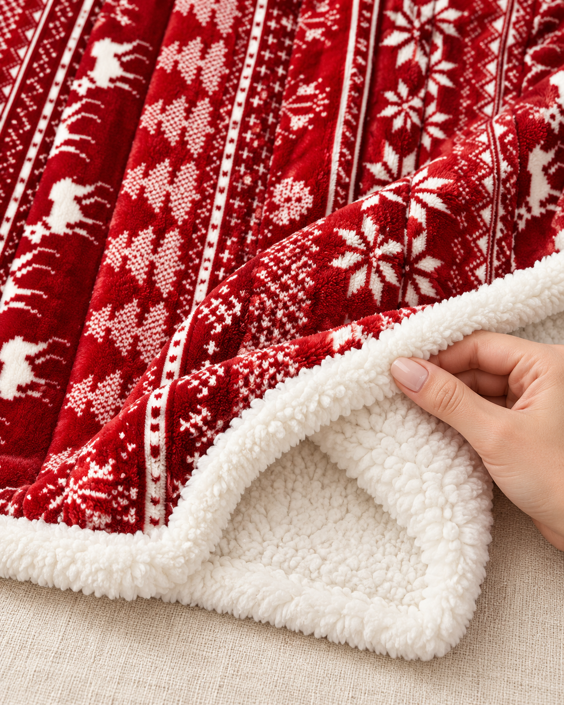 Christmas Fleece Blanket with Red and Green Knitted Stripe