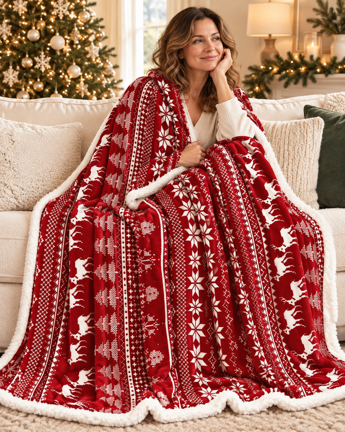 Christmas Fleece Blanket with Red and Green Knitted Stripe