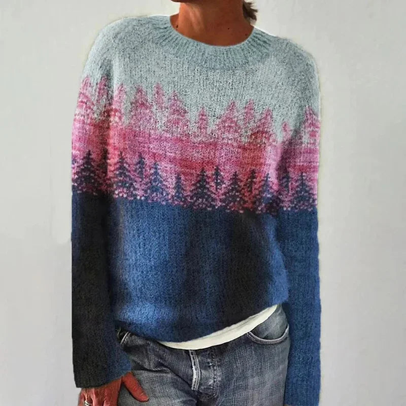Classic Knitted Sweater for Women with Hoodie and Colorful Pattern