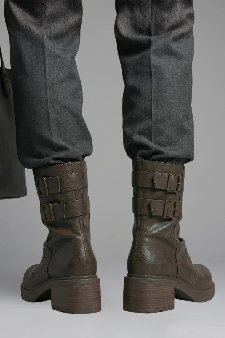 Comfortable Wide Calf Boots for Women with Fold Over Cuff Buckle Block Heel Mid Calf Style
